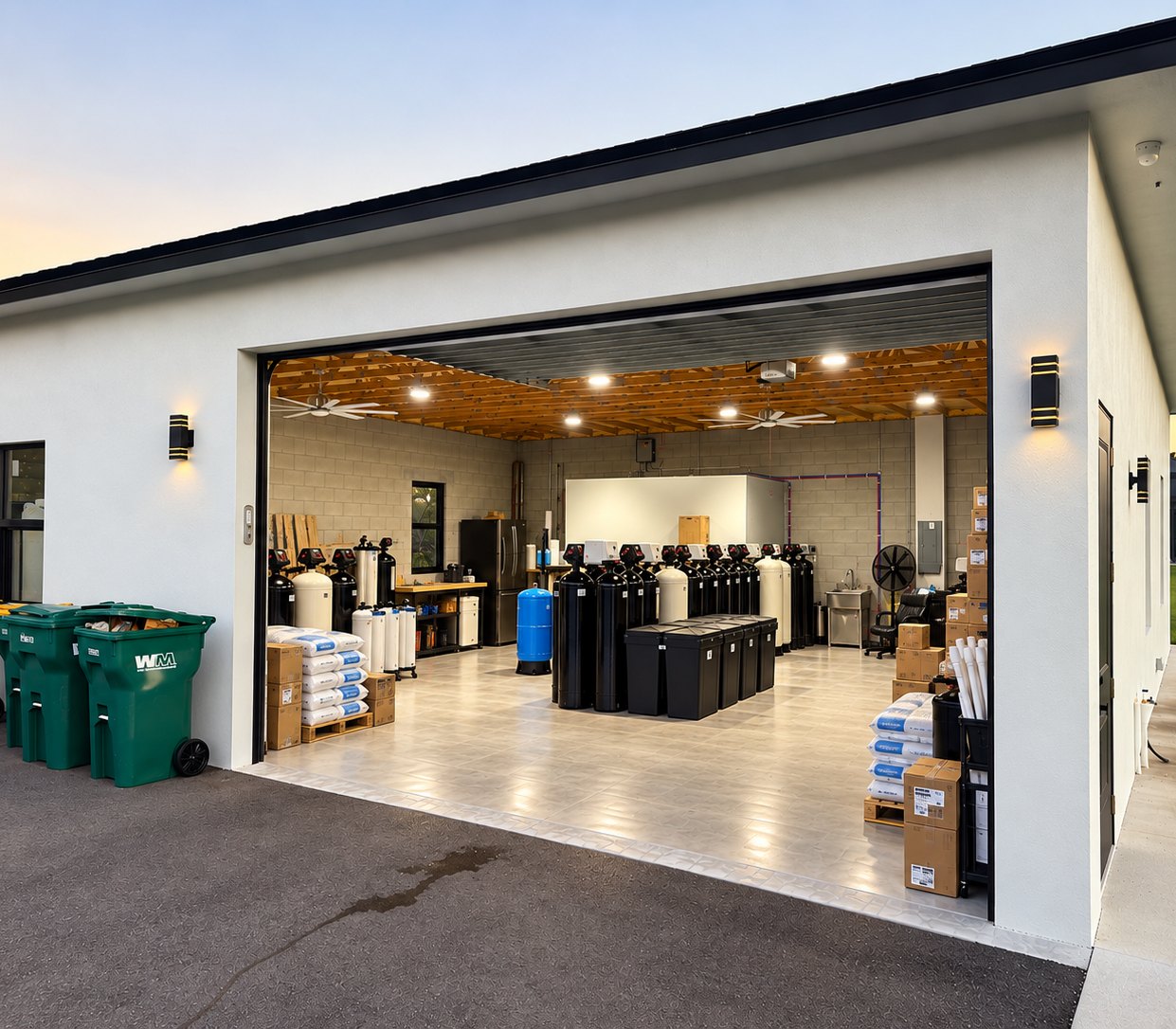 The Just Water Solution workshop in Naples, with equipment and supplies ready for installs